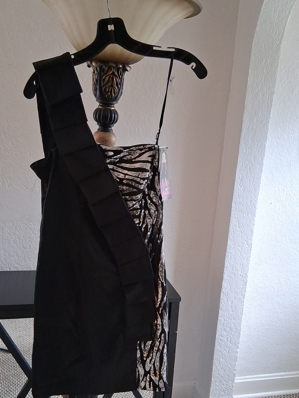 Blondie Nites Black One-Shoulder Sequin Accent Dress